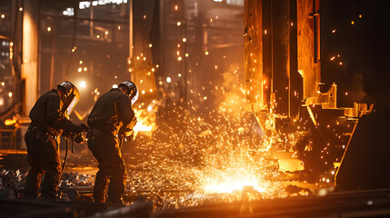 Two workers near a furnace in a factory setting