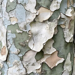 Peeling sycamore tree bark showing layered natural textures