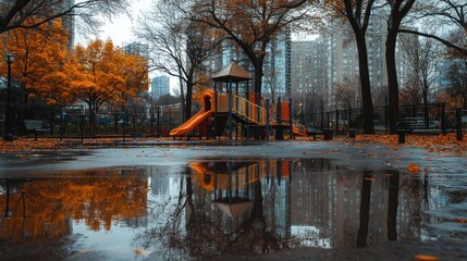 A wet city park with rain puddles reflecting the trees and playground.