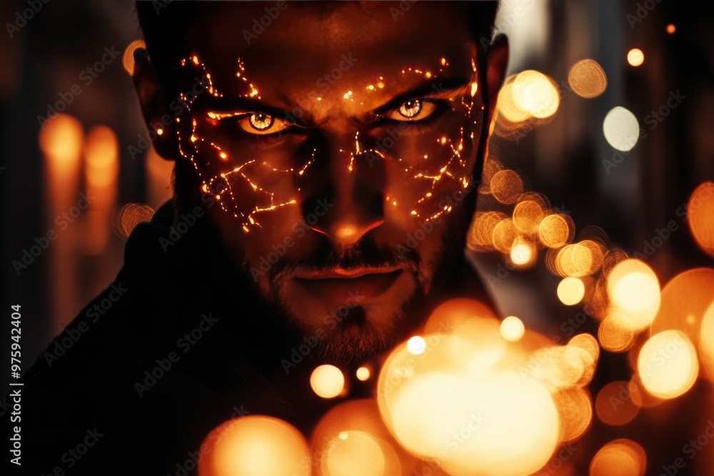 Poster man with intense glowing neural circuitry on his face showcasing inner strength determination and me