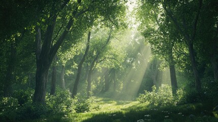 Obraz premium A peaceful forest scene with sunlight streaming through the branches of lush trees, creating a calming, serene atmosphere.
