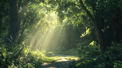 A peaceful forest scene with sunlight streaming through the branches of lush trees, creating a calming, serene atmosphere.