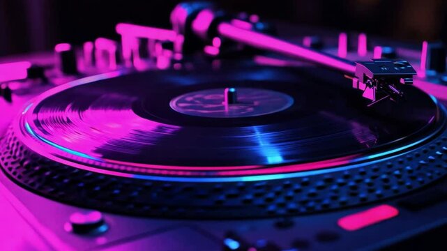 A vibrant turntable plays a vinyl record, illuminated by colorful lights at a dynamic music event in a city atmosphere