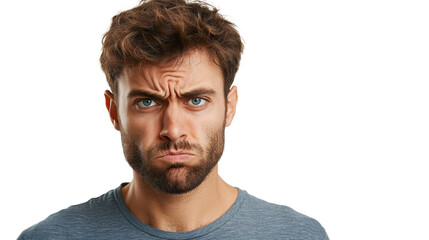 Obraz premium 19. A portrait of a man with a furrowed brow, tight lips, and a narrowed gaze, expressing suspicion and skepticism, isolated on a white background
