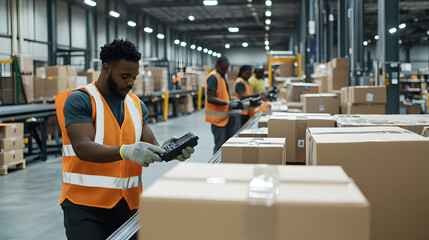 Warehouse staff efficiently process goods and parcels