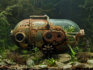 Fototapeta premium A rusty, vintage submarine lies on the bottom of a lush, underwater forest.