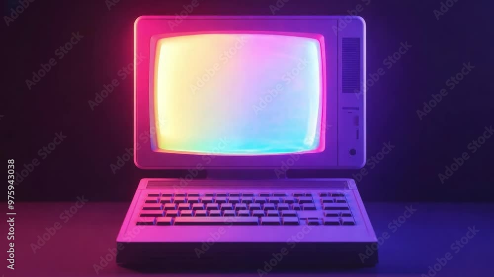 Poster a vintage computer displays colorful light patterns against a dark backdrop, highlighting retro desi