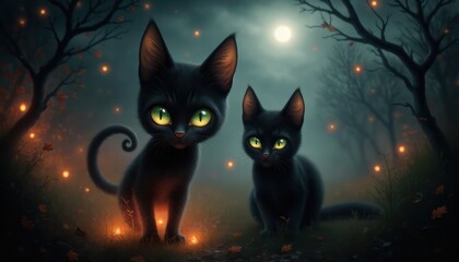 Halloween banner featuring a cute blak cats Halloween attributes, small pumpkins on orange and black background