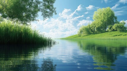 Fototapeta premium A peaceful water surface with gentle reflections and lush green grass framing the scene, creating a tranquil natural landscape
