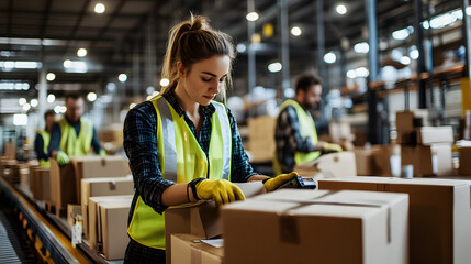 Female warehouse worker sorting and scanning parcels