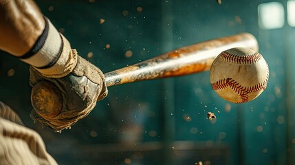 Close-up of a baseball player swinging a bat, with the ball just about to be hit.