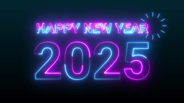 2025 Happy new year 2025 neon animated background greetings happy new year 2025 fireworks neon blue purple text 4k looping