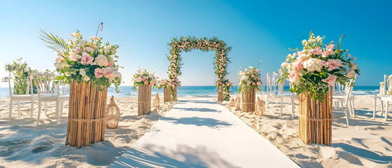 Obraz premium Beach wedding ceremony decor, horizontal backdrop featuring white and beige colors, with flowers on the sides of an arch with wood pillars decorated with greenery and pink roses