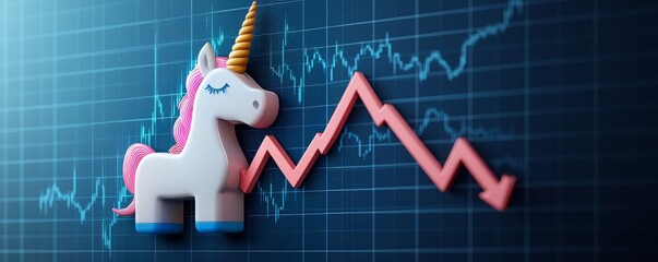 A playful unicorn figurine sits on a fluctuating graph, symbolizing growth and creativity in business and finance.