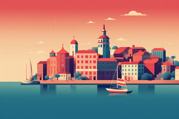 Porto urban landscape with cityscape silhouette . Pattern with houses. Illustration