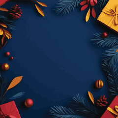 Vibrant, colorful holiday-themed background featuring gifts, pine branches, and autumn leaves, perfect for creating warm, seasonal designs and greeting cards