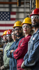 Team of skilled factory workers with protective gear