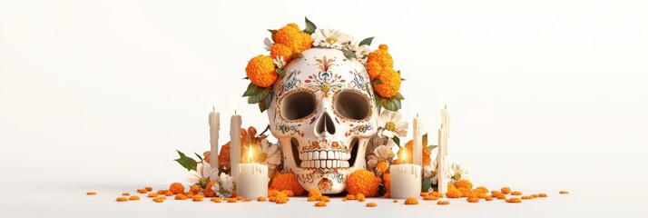 A 3D render of a traditional Dia de los Muertos skull with ornate floral decorations, marigold petals, and candles, set against a white background