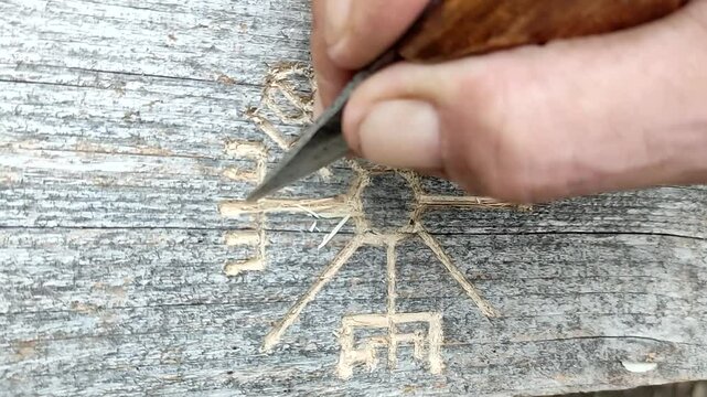 A man's hand with a knife carves the Viking rune of the Vegvisir compass on hard wood, close-up
