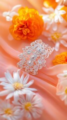 Intricately carved silver anklet on a soft coral silk fabric, surrounded by warm floral garlands with a peach-to-light pink gradient background, Copy space, happy Diwali background, traditional, 