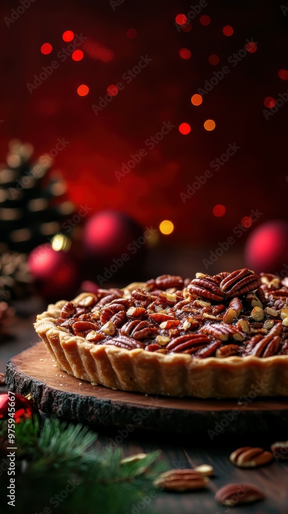 Poster pecan pie with holiday decorations, placed on a wooden table with a deep ruby background and soft ho