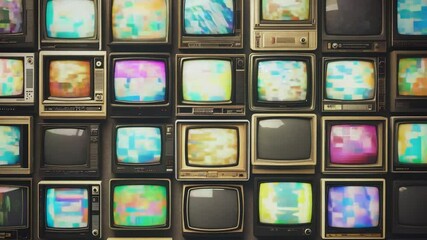 A variety of vintage televisions showcase colorful static, creating a nostalgic atmosphere in a retro themed display
