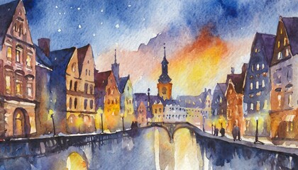 european city landscape in aquarelle 