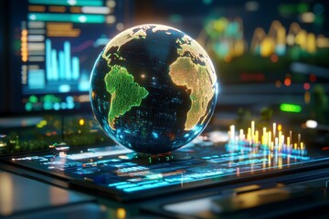 Globalization in Action, vibrant globe with animated business icons illustrating teamwork and integration across diverse cultures.