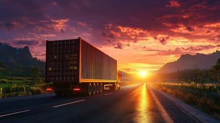 Fototapeta premium A shipping container truck on the open road during sunset, symbolizing logistics and transportation with a scenic backdrop