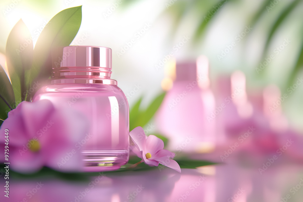 Poster Delicate pink perfume bottles are artistically arranged among vibrant flowers and lush green leaves, with soft natural light creating a serene atmosphere