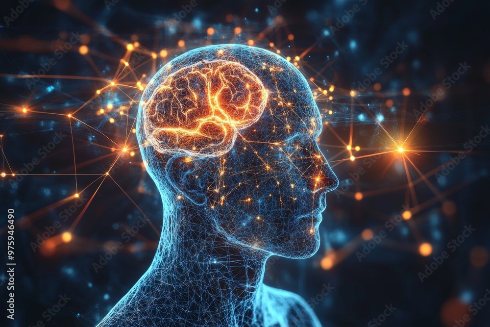 Poster digital blue glowing representation of a human brain highlighting neural connections and artificial 