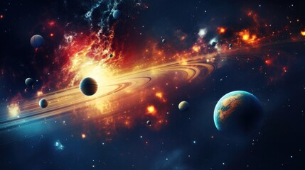 A 3D visualization of a solar system with colorful planets aligned in orbit against a starry background