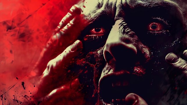 A close-up of a horrifying, blood-splattered zombie face with a red background.