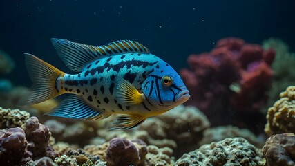 The green terror or Andinoacara rivulatus, colorful freshwater fish in the cichlid family. Colorful of ornamental fish, African cichlids, Malawi Peacock in fish tank. Aulonocara maylandi
