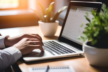 A close-up of a businessperson's hands typing on a laptop keyboard, with a neatly organized desk including a notebook, pen,