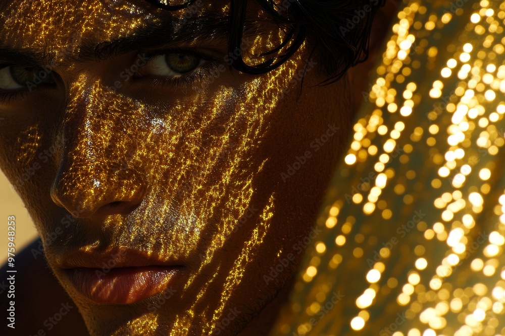 Poster close up of a mans face with glowing golden patterns blending into his skin evoking a sense of trans