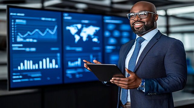 Smiling african american business executive analyzing global market trend on digital display. Professional trader monitoring international stock exchange data.