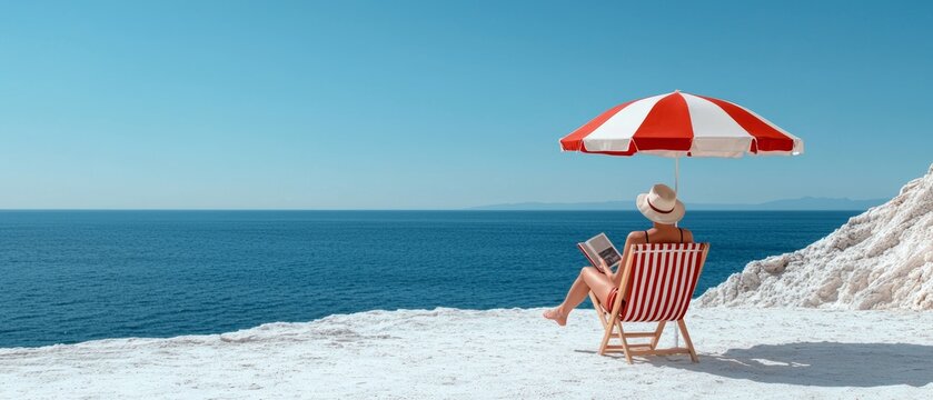 French woman in a bikini reading a book on a beach chair under a parasol, relaxing moment, stock photo style