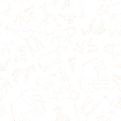 African animals (mammals, birds). Vector doodles seamless pattern.