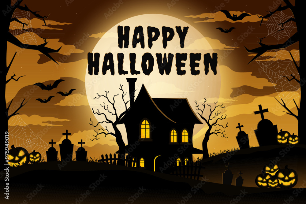 Wall mural haunted house with scary tombstones. halloween background in flat design