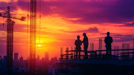 Silhouettes of Construction Workers at Sunset
