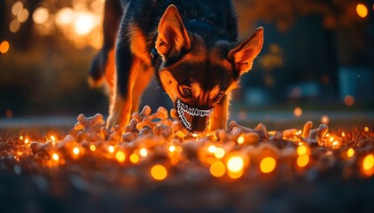 Dog dressed as a skeleton, playing with glowing bones in a haunted yard, dog, Halloween, funny and spooky