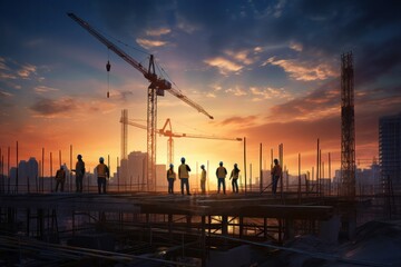 A construction site at sunset with workers in hard hats and safety vests, operating heavy machinery like cranes and excavators.
