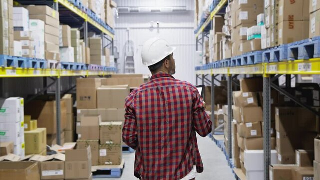 Warehouse workers checking and controlling boxes in warehouse using tablet. Logistics employee walking and using digital tablet at warehouse. Worker walking between rows of warehouse. Tracking shot