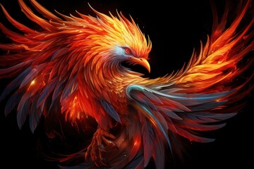 Obraz premium A dramatic close-up of a phoenix with iridescent red, gold, and orange feathers, its eyes fierce and majestic.