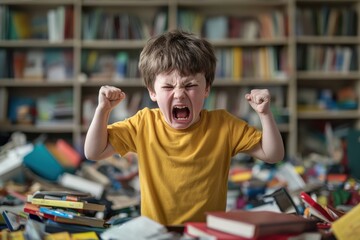  A young boy shouting in anger with his fists in the air, standing in a messy room full of overturned books and toys, capturing a moment of emotional outburst 