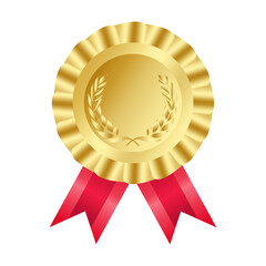 gold medal with red shiny ribbons and laurel wreath