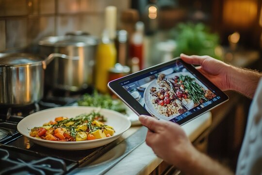 Person comparing plated dish to image on tablet in kitchen