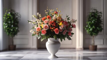 Fototapeta premium Beautiful vase with a vibrant floral arrangement, placed in a luxurious and elegant room, with a realistic background