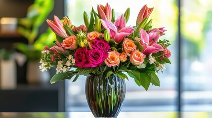 Beautiful vase decorated with vibrant flowers, showcasing a mix of roses, lilies, and tulips, creating a stunning display in a realistic setting